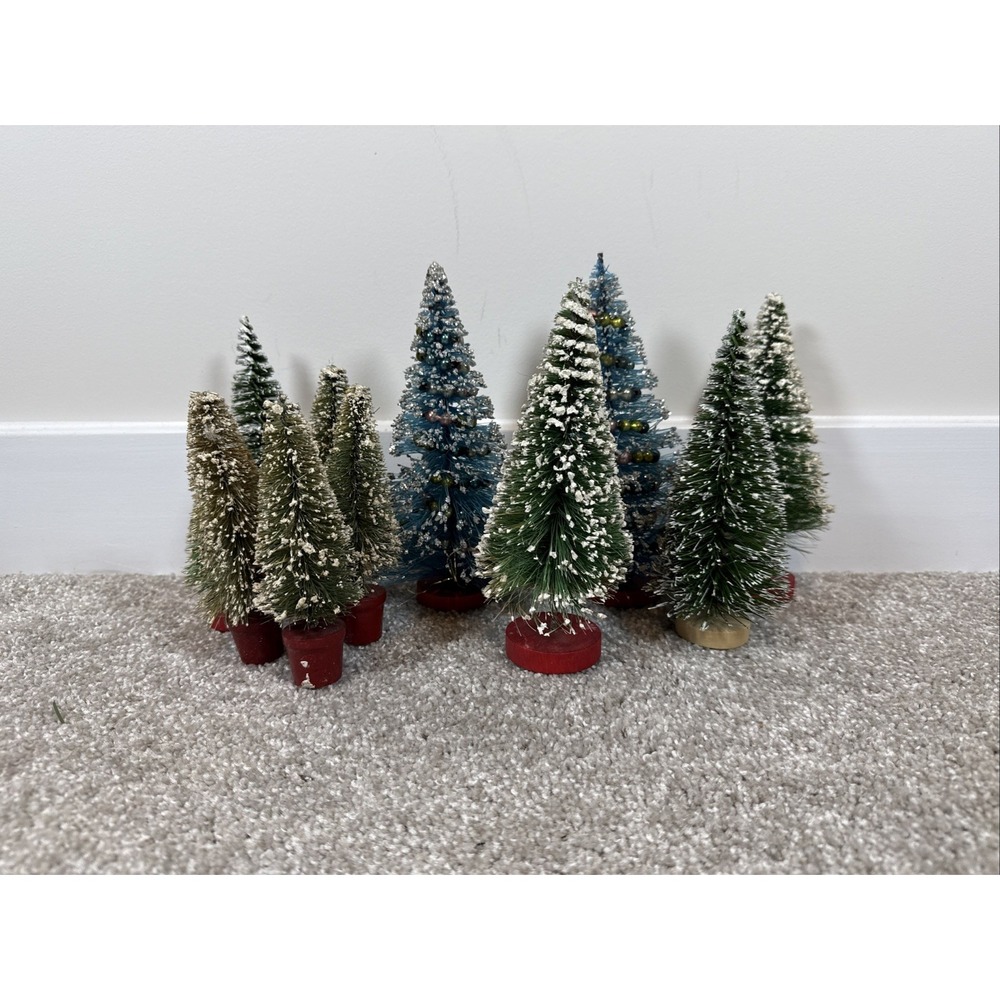 Vintage Christmas village‎ bottle brush tree pair red wood bases 11-12"